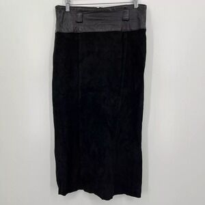 Erez Levy Suede Leather Skirt Women's Size 8 Black Midi Solid Slit Zip Vintage